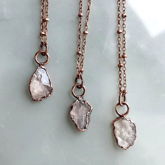 Dainty Raw Rose Quartz Necklace, Antique Copper Pendant, Bohemian Jewelry - BlackbirdSageStudio