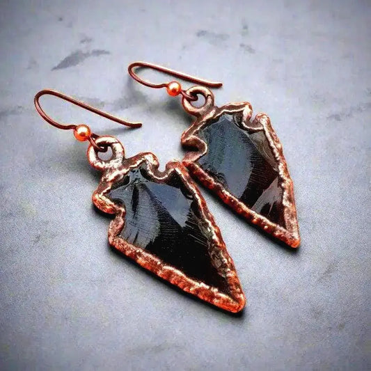 Handmade Obsidian Arrowhead Earrings: Electroformed Copper Boho Jewelry - BlackbirdSageStudio