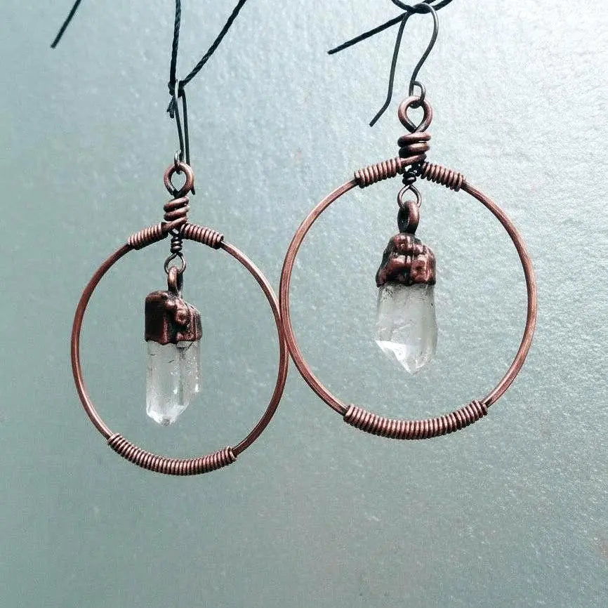 Electroformed Copper Quartz Point Hoop Earrings: Handmade Boho Jewelry - BlackbirdSageStudio
