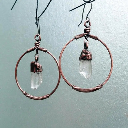 Electroformed Copper Quartz Point Hoop Earrings: Handmade Boho Jewelry - BlackbirdSageStudio