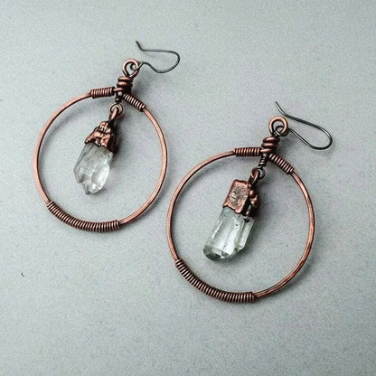 Electroformed Copper Quartz Point Hoop Earrings: Handmade Boho Jewelry - BlackbirdSageStudio