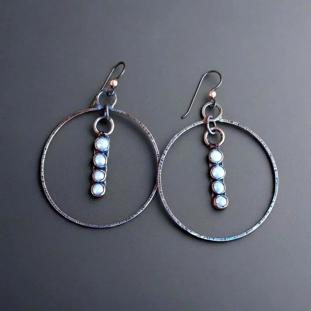 Electroformed Copper Pearl Hoop Earrings: Hand Hammered Bronze, Bohemian Jewelry - BlackbirdSageStudio