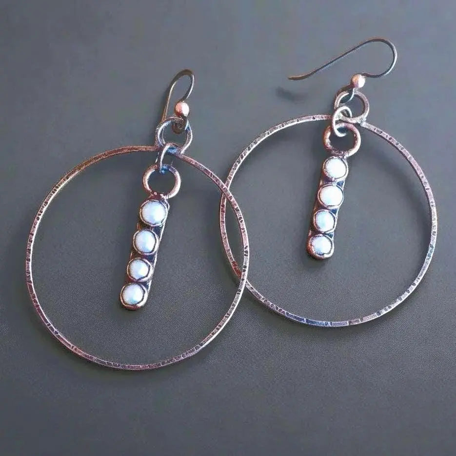 Electroformed Copper Pearl Hoop Earrings: Hand Hammered Bronze, Bohemian Jewelry - BlackbirdSageStudio