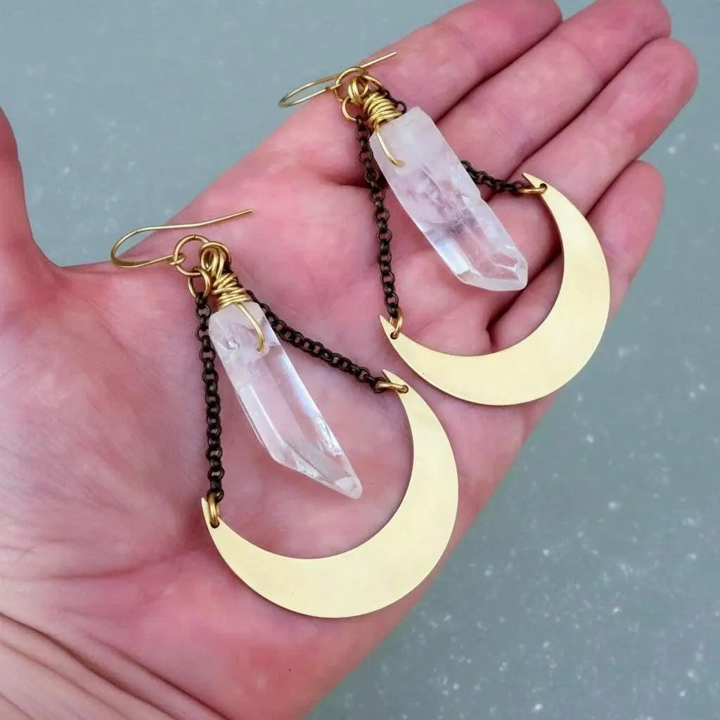 Quartz Point and Brass Crescent Moon Earrings: Boho Crystal Jewelry - BlackbirdSageStudio