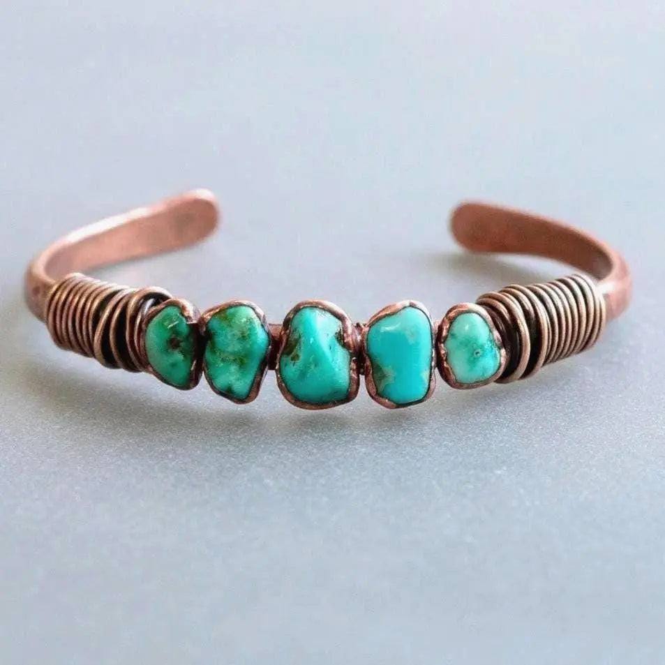 Raw Turquoise Copper Cuff Bracelet: Sonoran Stone, Electroformed Bohemian Bangle - BlackbirdSageStudio