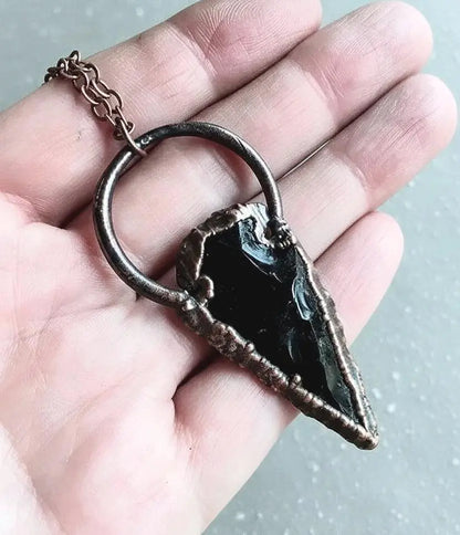 Electroformed Copper Obsidian Arrowhead Pendant Necklace - BlackbirdSageStudio