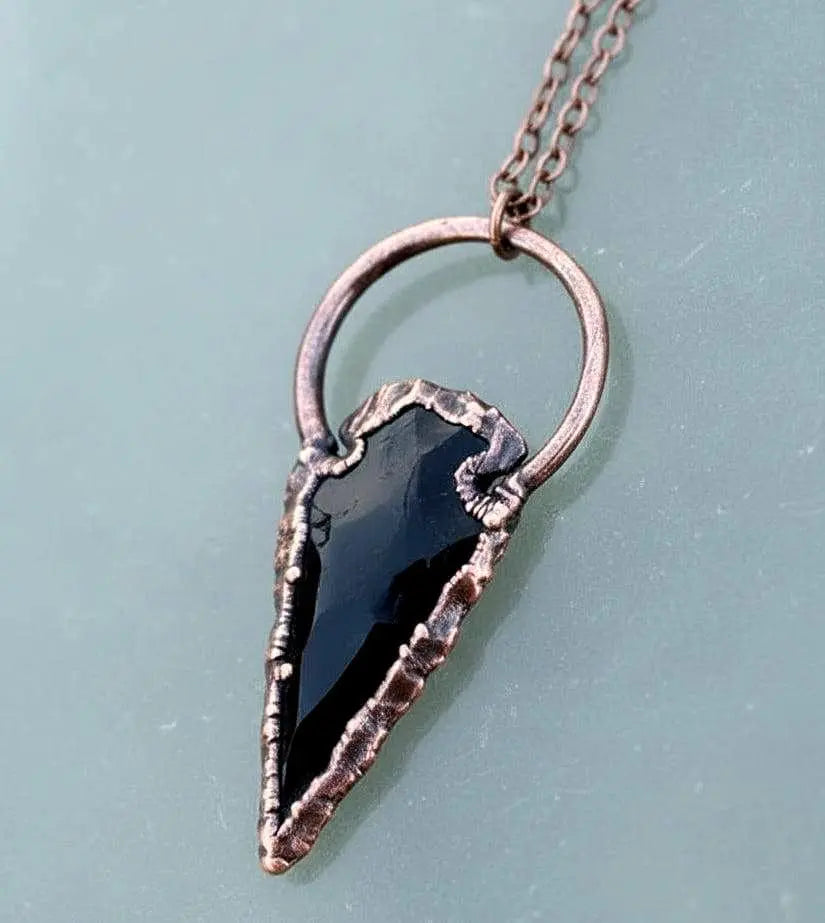 Electroformed Copper Obsidian Arrowhead Pendant Necklace - BlackbirdSageStudio