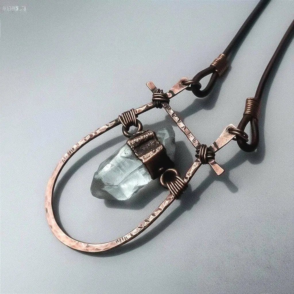 Quartz Talisman Necklace: Hand Hammered Copper Pendant, Leather Boho Necklace - BlackbirdSageStudio