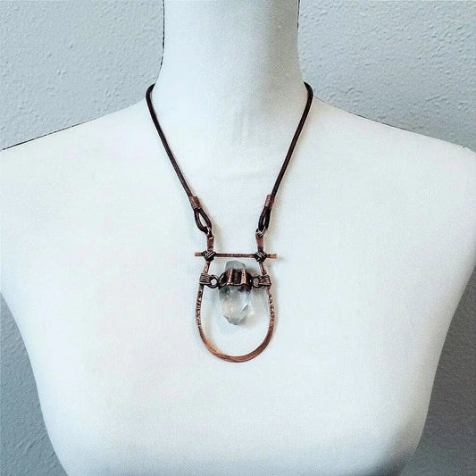 Quartz Talisman Necklace: Hand Hammered Copper Pendant, Leather Boho Necklace - BlackbirdSageStudio