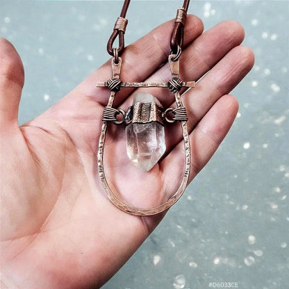 Quartz Talisman Necklace: Hand Hammered Copper Pendant, Leather Boho Necklace - BlackbirdSageStudio