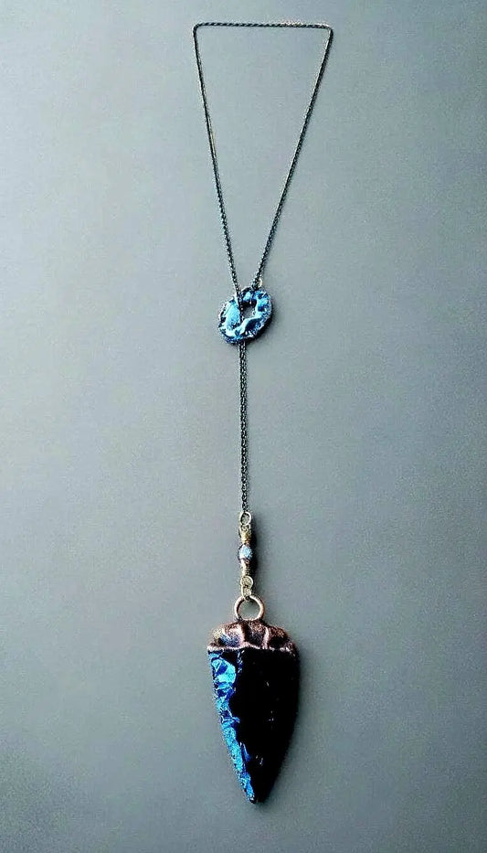 Black Obsidian Arrowhead Lariat Necklace: Boho Talisman Jewelry - BlackbirdSageStudio