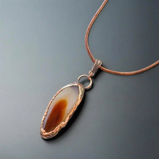Electroformed Copper Agate Slice Pendant Necklace: Boho Leather Jewelry - BlackbirdSageStudio