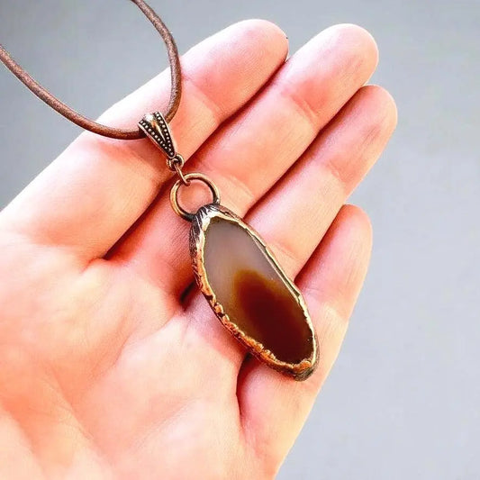 Electroformed Copper Agate Slice Pendant Necklace: Boho Leather Jewelry - BlackbirdSageStudio