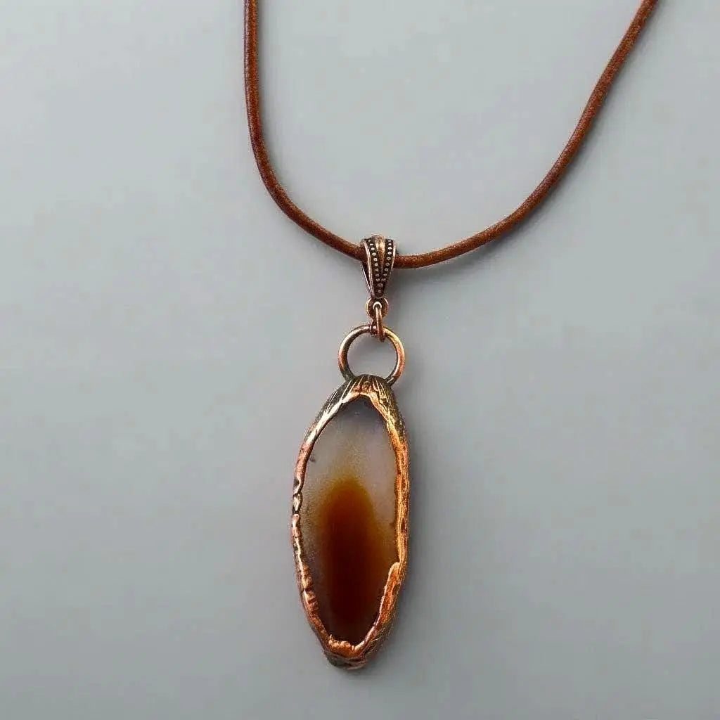 Electroformed Copper Agate Slice Pendant Necklace: Boho Leather Jewelry - BlackbirdSageStudio