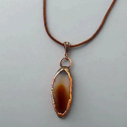 Electroformed Copper Agate Slice Pendant Necklace: Boho Leather Jewelry - BlackbirdSageStudio