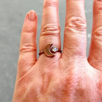 Electroformed Copper Ring: Crescent Moon & Labradorite, Bohemian Jewelry - BlackbirdSageStudio