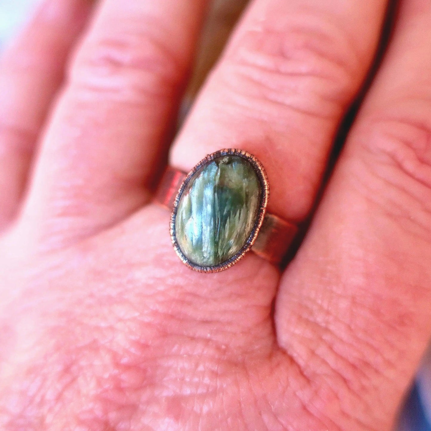 Handmade Seraphinite Crystal Ring: Electroformed Copper Boho Band - BlackbirdSageStudio