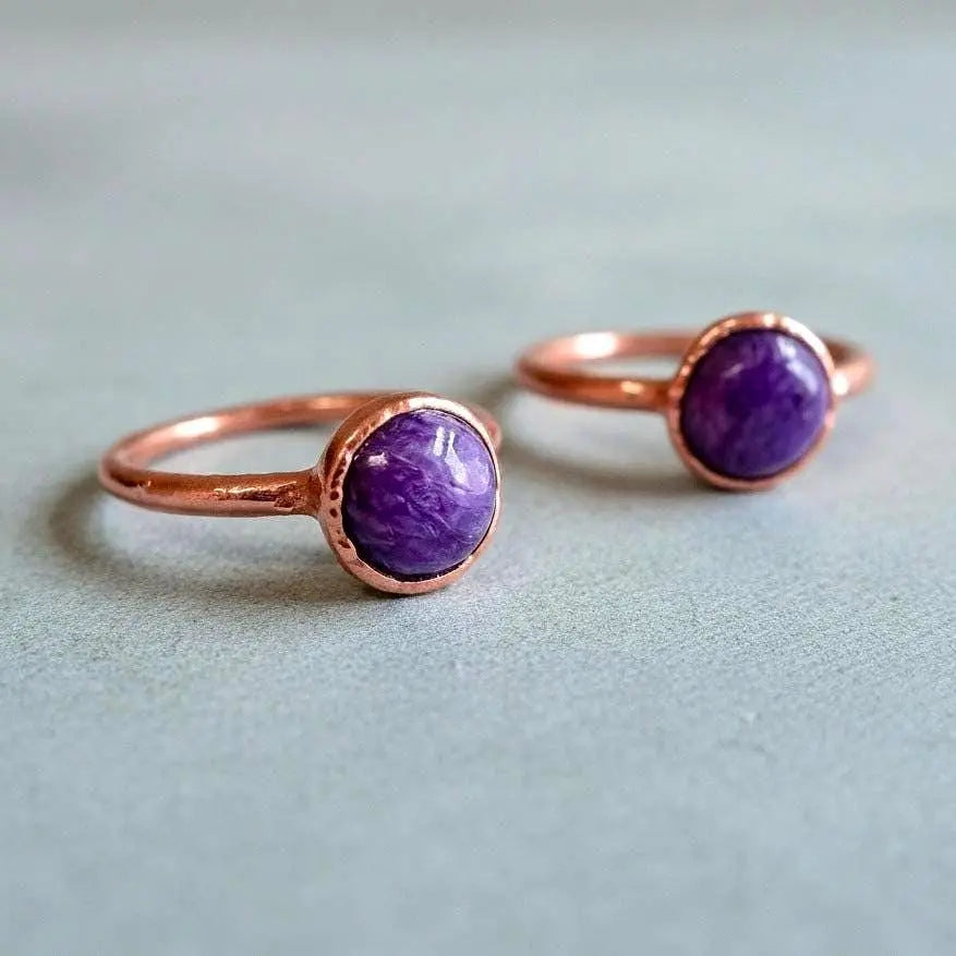 Electroformed Charoite Copper Ring: Hand Hammered Bohemian Jewelry - BlackbirdSageStudio