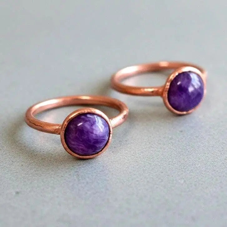 Electroformed Charoite Copper Ring: Hand Hammered Bohemian Jewelry - BlackbirdSageStudio