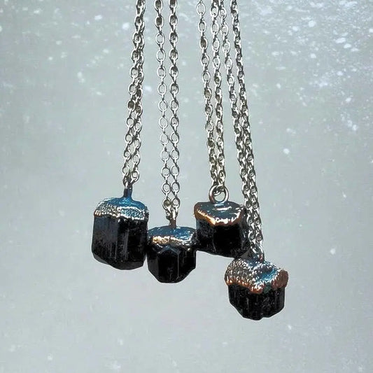 Black Tourmaline Mens Necklace: Electroformed Copper & Steel, Boho Healing Crystal - BlackbirdSageStudio
