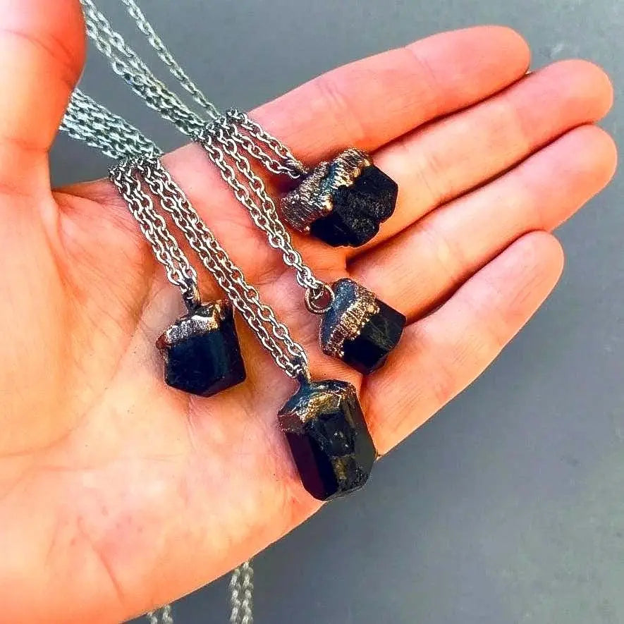 Black Tourmaline Mens Necklace: Electroformed Copper & Steel, Boho Healing Crystal - BlackbirdSageStudio