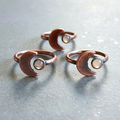 Electroformed Copper Moonstone Ring: Crescent Moon Boho Jewelry - BlackbirdSageStudio