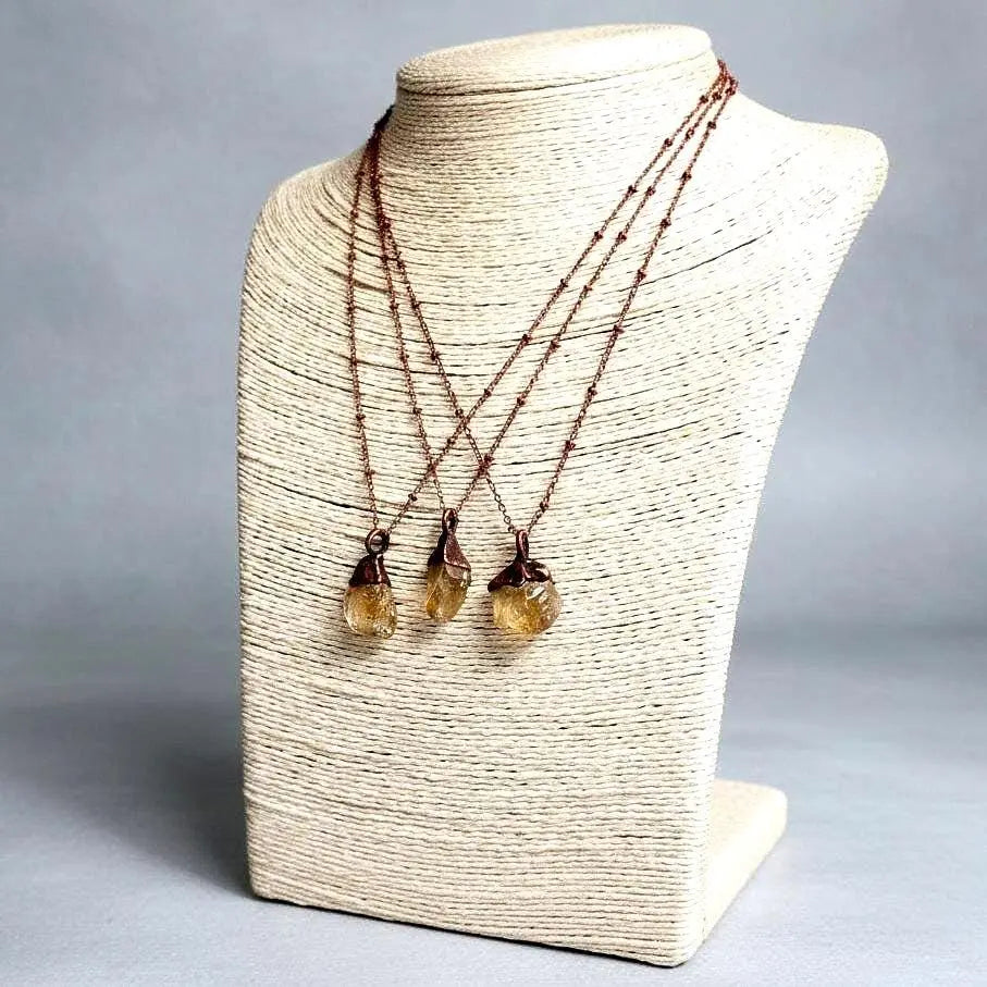 Raw Citrine Crystal Necklace, Electroformed Copper Pendant, 18in Chain - BlackbirdSageStudio