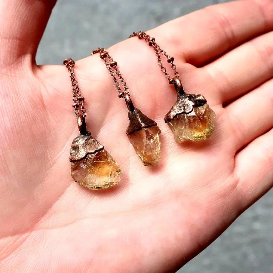 Raw Citrine Crystal Necklace, Electroformed Copper Pendant, 18in Chain - BlackbirdSageStudio