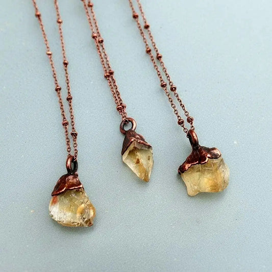 Raw Citrine Crystal Necklace, Electroformed Copper Pendant, 18in Chain - BlackbirdSageStudio