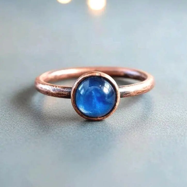 Electroformed Copper Ring: Blue Kyanite Round Stone, Boho Jewelry - BlackbirdSageStudio