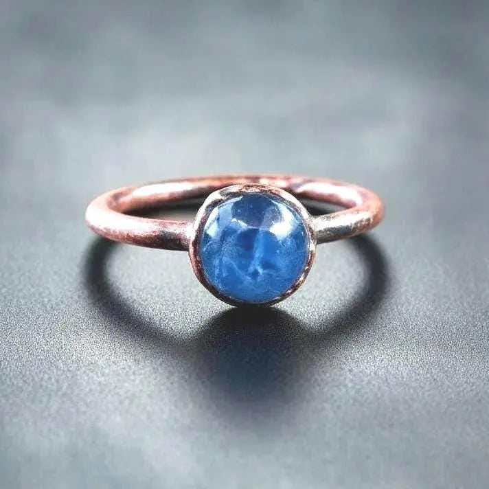 Electroformed Copper Ring: Blue Kyanite Round Stone, Boho Jewelry - BlackbirdSageStudio