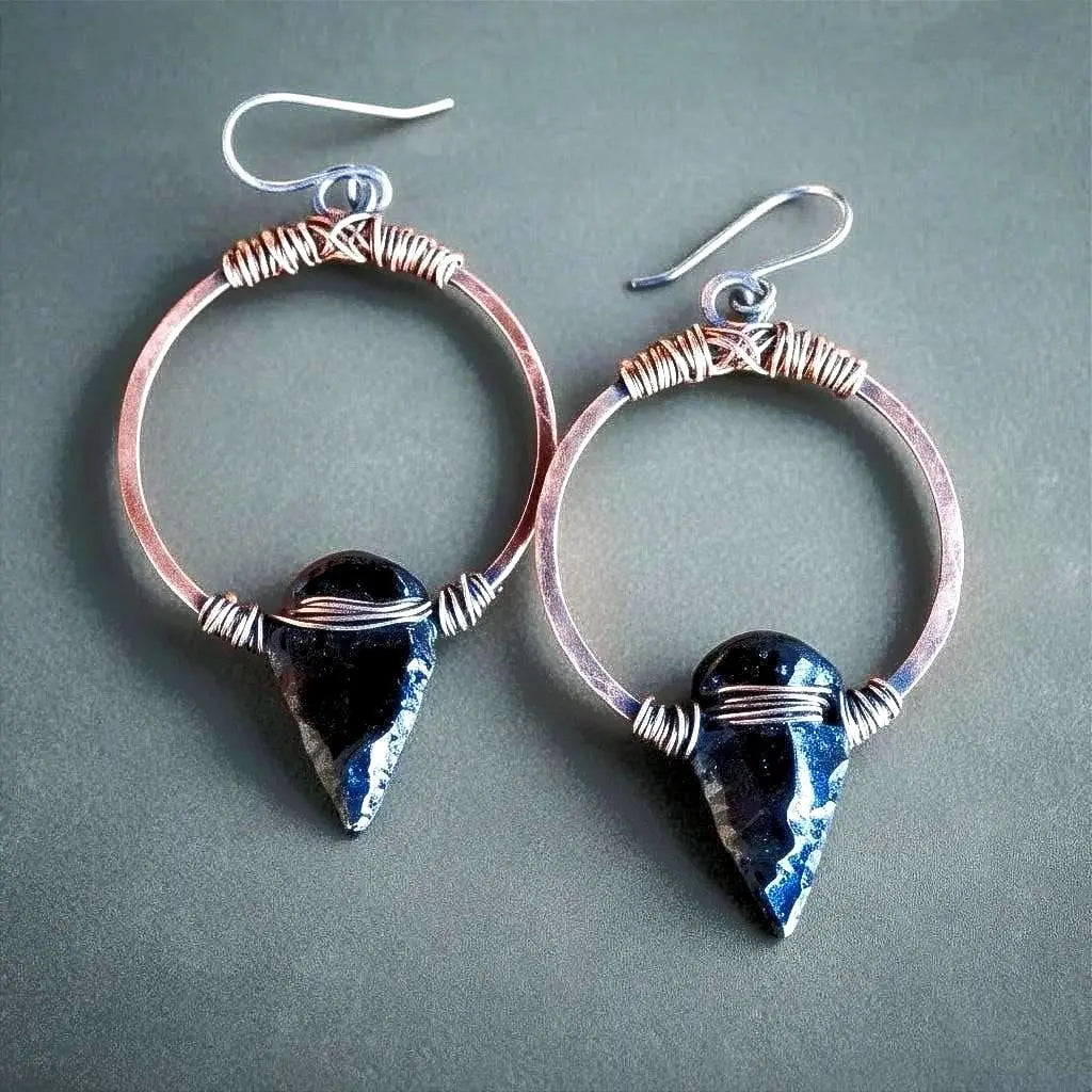 Handcrafted Black Obsidian Arrowhead Earrings: Copper Boho Hoops - BlackbirdSageStudio