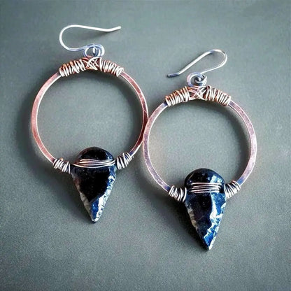 Handcrafted Black Obsidian Arrowhead Earrings: Copper Boho Hoops - BlackbirdSageStudio