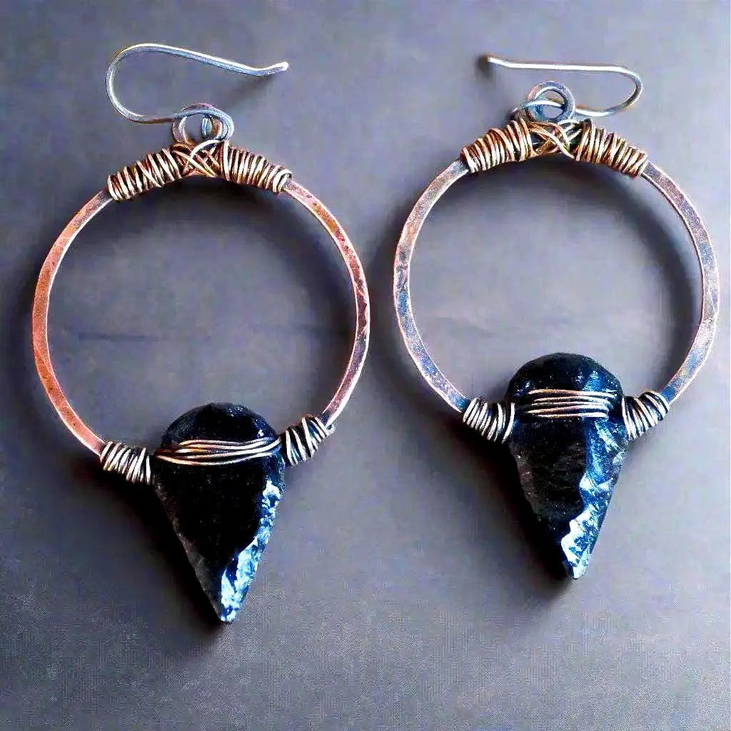 Handcrafted Black Obsidian Arrowhead Earrings: Copper Boho Hoops - BlackbirdSageStudio