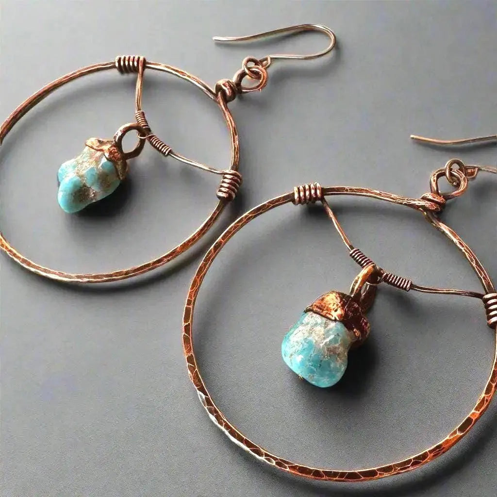 Hand Hammered Copper Hoop Earrings: Raw Turquoise Bohemian Jewelry - BlackbirdSageStudio