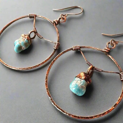 Hand Hammered Copper Hoop Earrings: Raw Turquoise Bohemian Jewelry - BlackbirdSageStudio