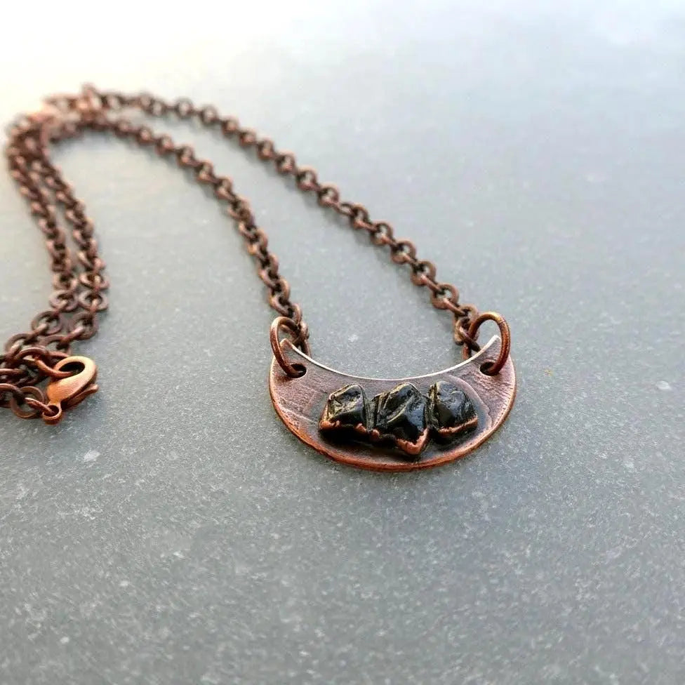 Electroformed Copper Black Tourmaline Crescent Moon Necklace - BlackbirdSageStudio