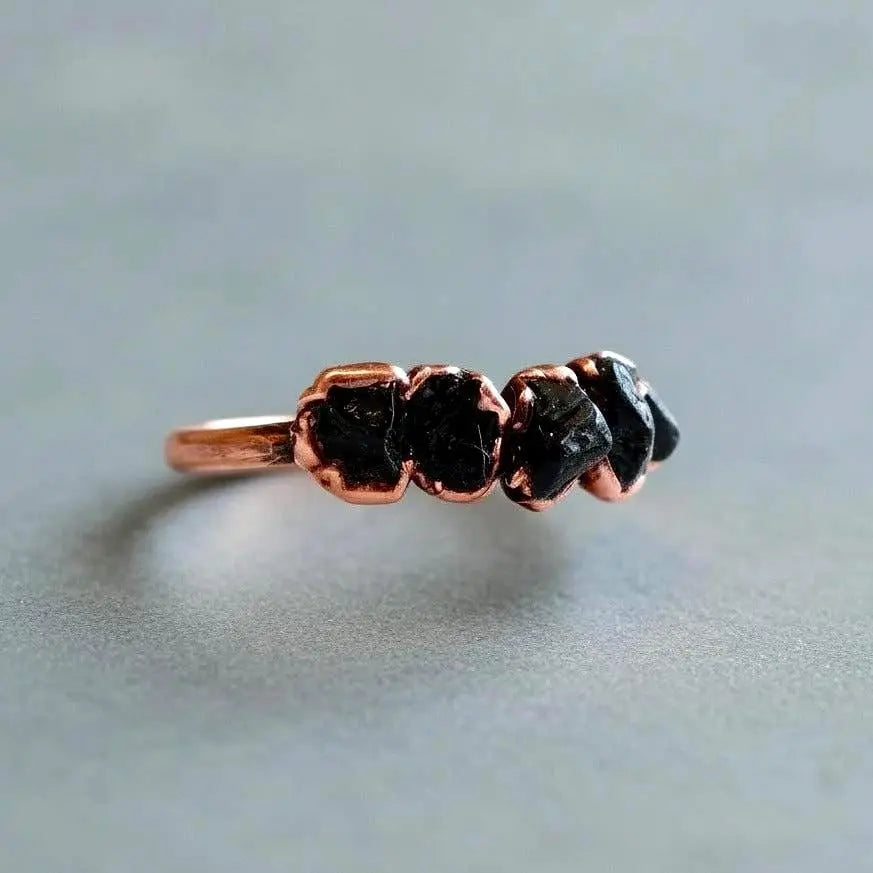 Black Tourmaline Ring: Electroformed Copper, Boho Healing Crystal Jewelry - BlackbirdSageStudio