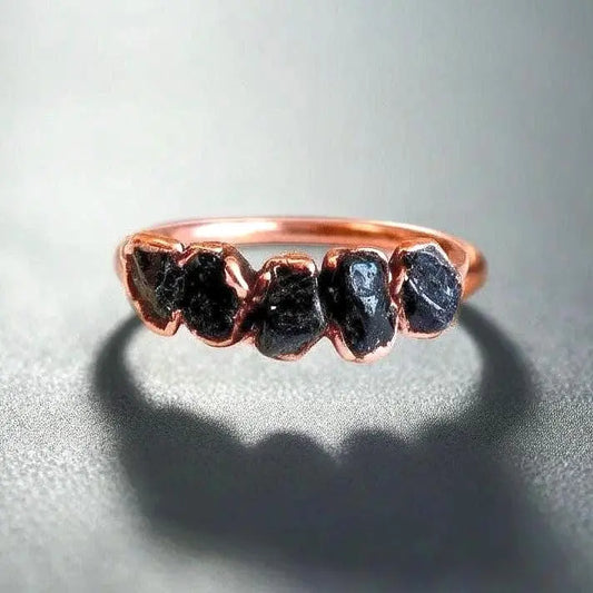 Black Tourmaline Ring: Electroformed Copper, Boho Healing Crystal Jewelry - BlackbirdSageStudio