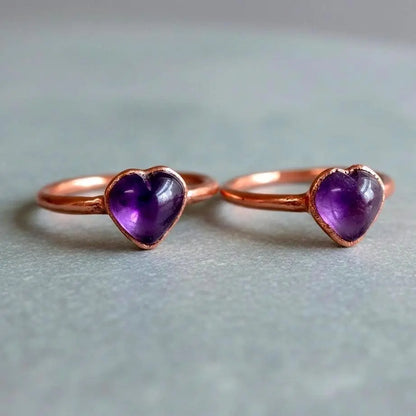 Electroformed Copper Amethyst Heart Ring: Bohemian February Birthstone - BlackbirdSageStudio