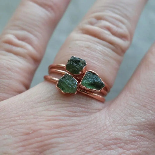 Raw Moldavite Copper Ring, Electroformed Tektite Jewelry - BlackbirdSageStudio