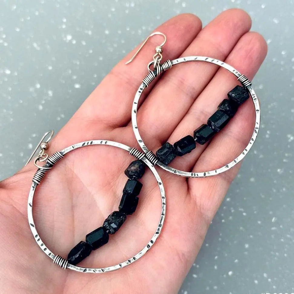 Handmade Sterling Silver Black Tourmaline Hoop Earrings: Boho Chic - BlackbirdSageStudio