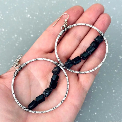 Handmade Sterling Silver Black Tourmaline Hoop Earrings: Boho Chic - BlackbirdSageStudio