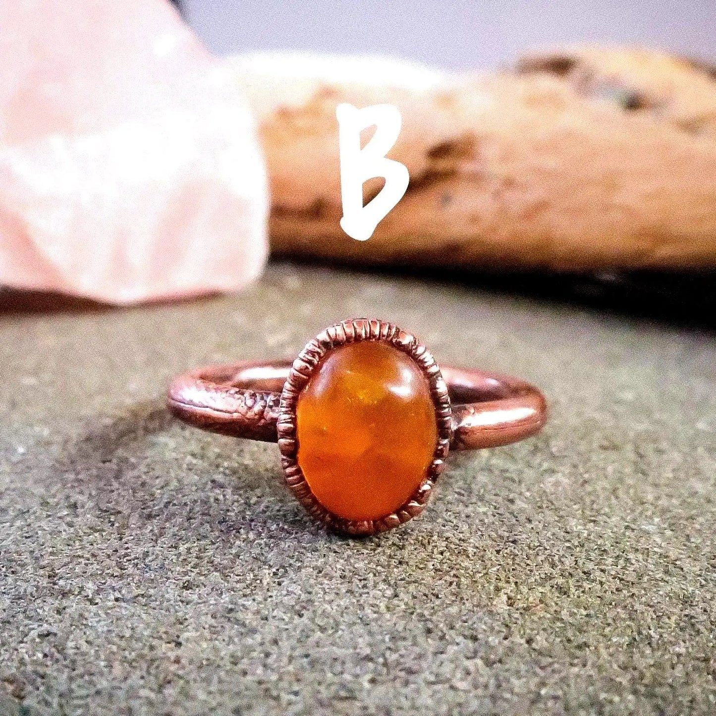 Electroformed Copper Ring: Oval Amber Stone, Handmade (US Size 6, 6.5) - BlackbirdSageStudio
