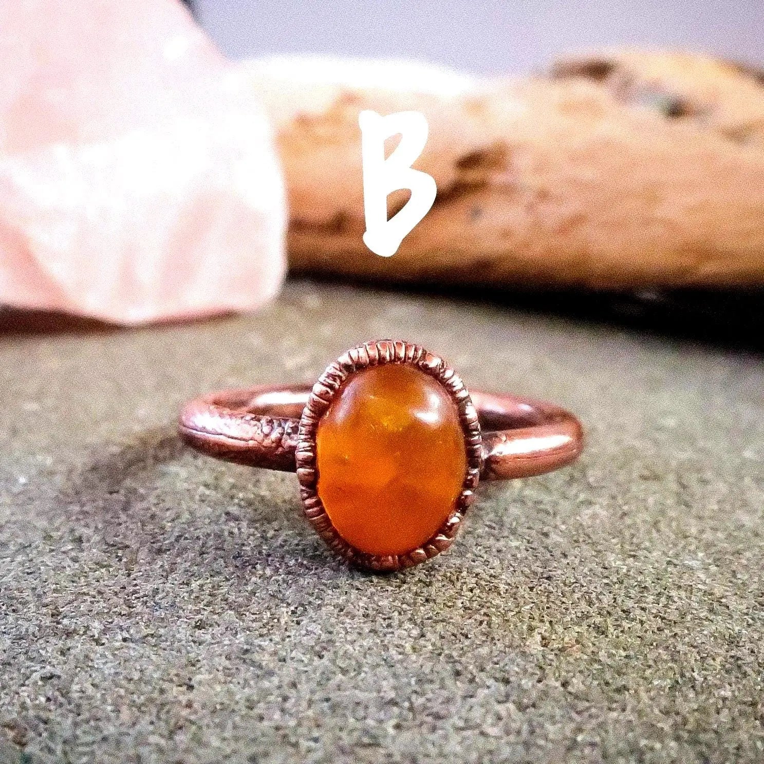 Electroformed Copper Ring: Oval Amber Stone, Handmade (US Size 6, 6.5) - BlackbirdSageStudio