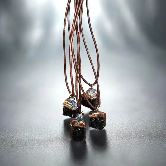 Raw Black Tourmaline Necklace: Copper Electroformed Leather Pendant - BlackbirdSageStudio
