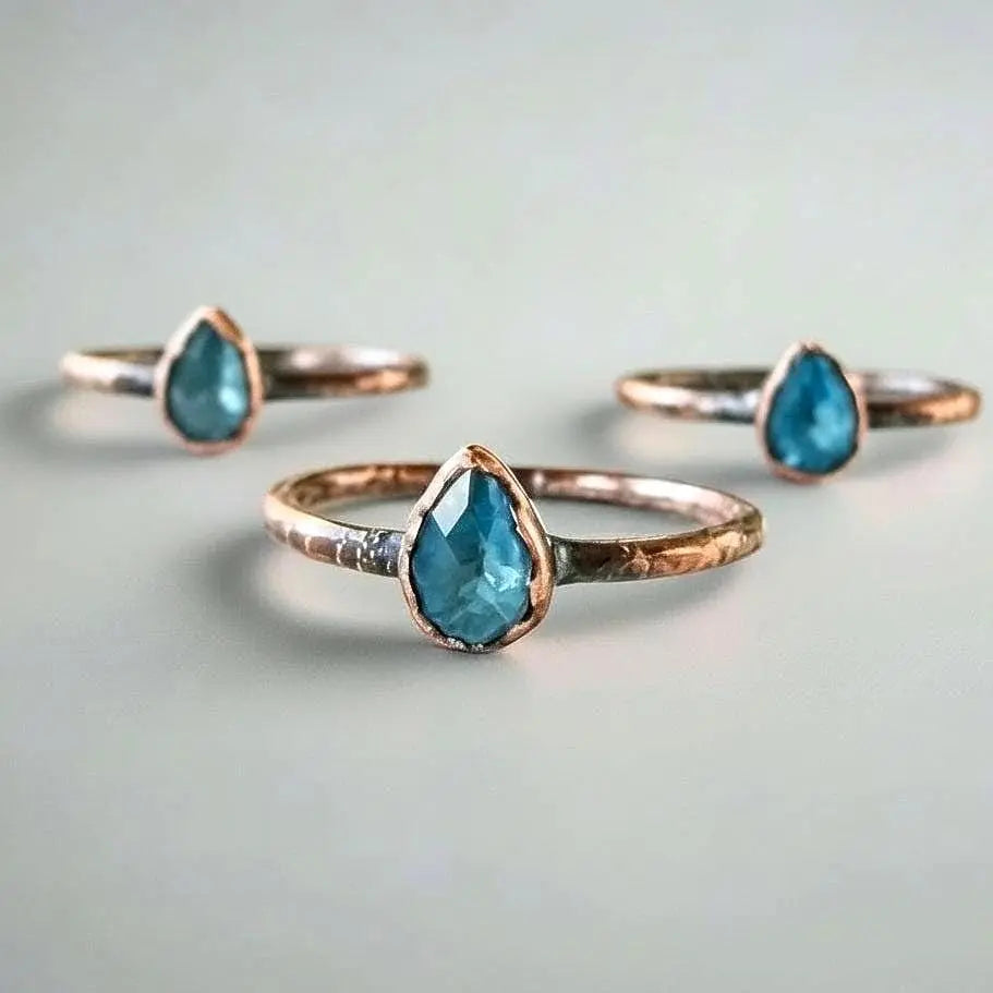 London Blue Topaz Copper Ring – Handmade Electroformed Stacking Crystal Ring with Healing Stone - BlackbirdSageStudio