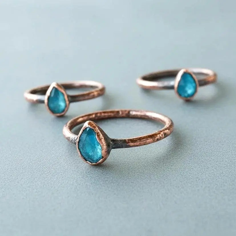 London Blue Topaz Copper Ring – Handmade Electroformed Stacking Crystal Ring with Healing Stone - BlackbirdSageStudio