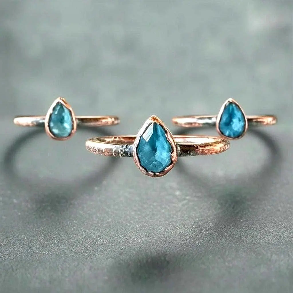 London Blue Topaz Copper Ring – Handmade Electroformed Stacking Crystal Ring with Healing Stone - BlackbirdSageStudio