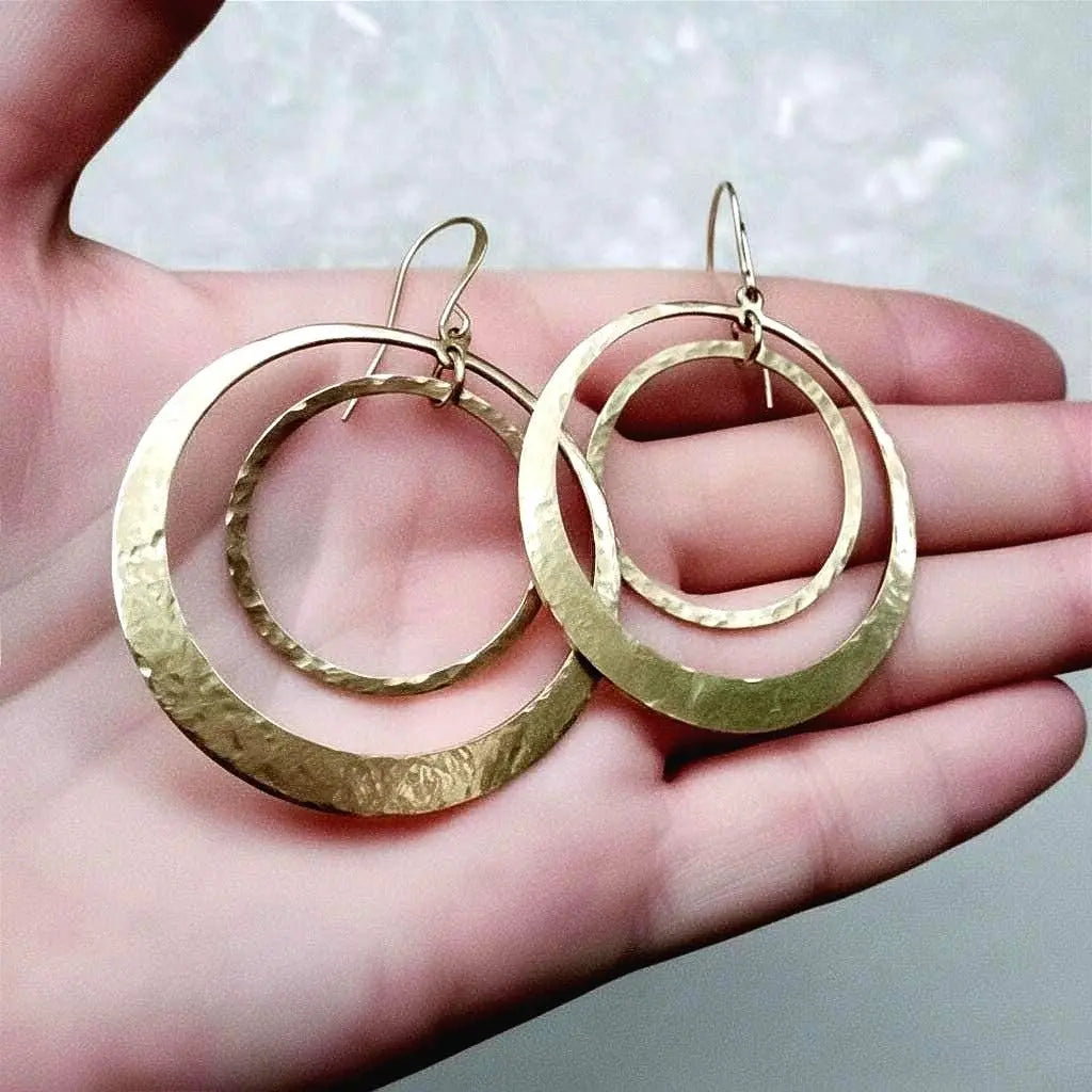 Hand Hammered Brass Hoop Earrings: Boho Full Circle Jewelry - BlackbirdSageStudio